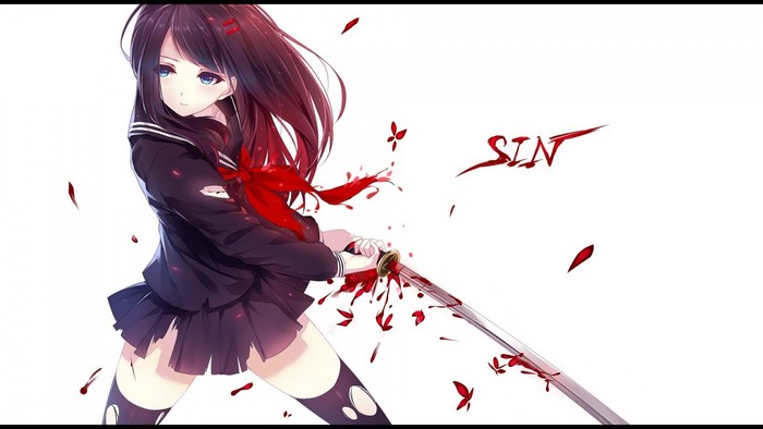Anime girl with katana and blood