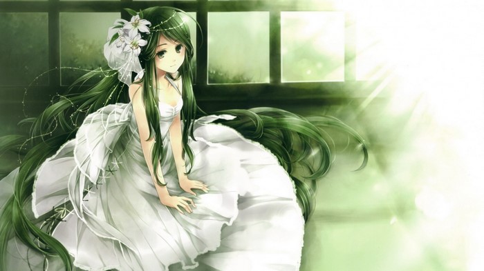 Anime girl with green hair and white dress
