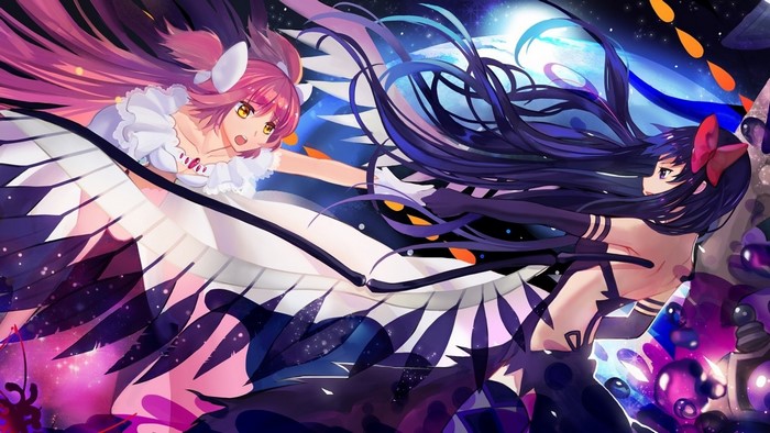 Two anime girls with large wings in space