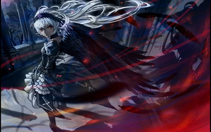 Anime girl with white hair and black wings