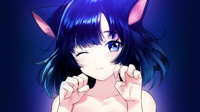 Anime girl with black hair and neko ears winking