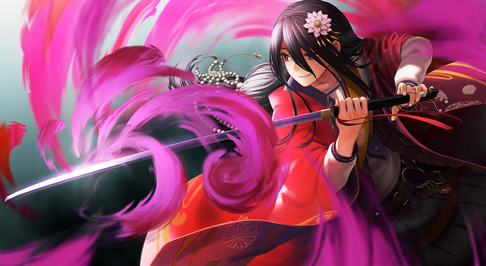 Anime girl with katana and pink smoke