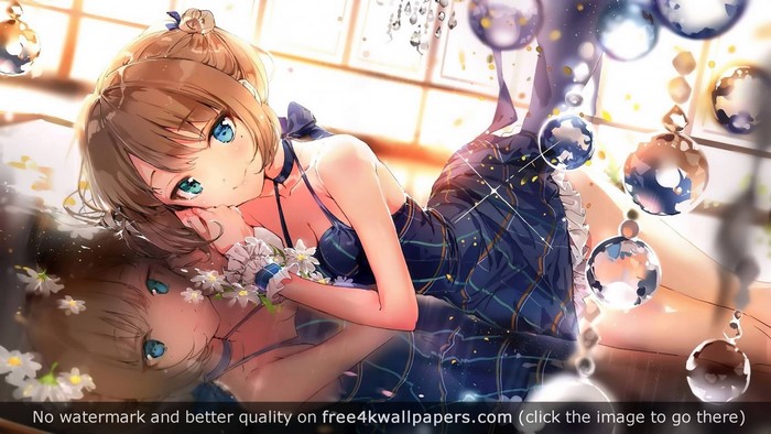 Anime girl in blue dress with flowers