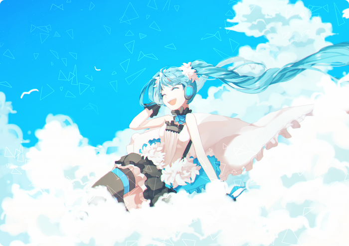 Hatsune Miku floating in the sky among clouds