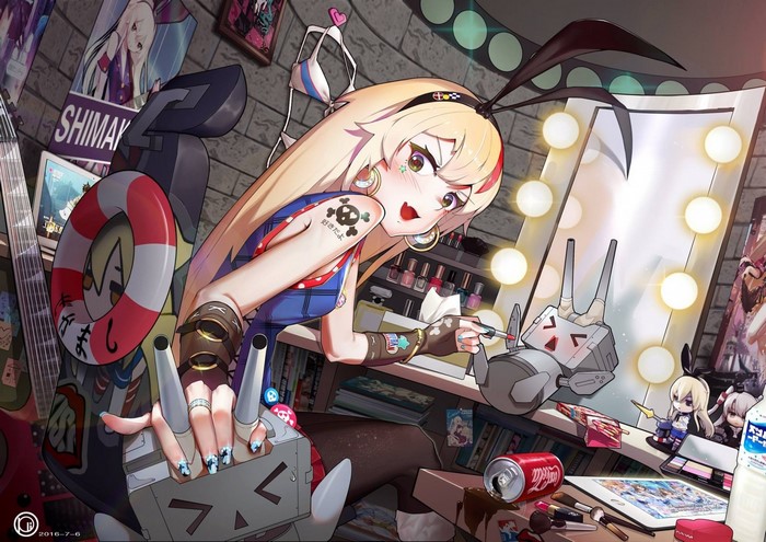 Shimakaze from Kantai Collection applying makeup