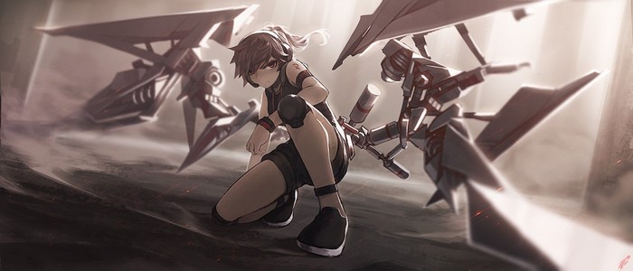 Anime girl with robotic arms in a desolate landscape