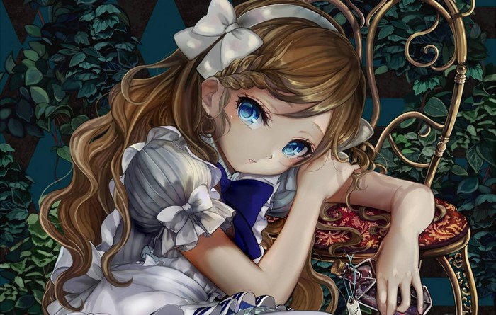 Anime girl with blue eyes and brown hair in a white dress