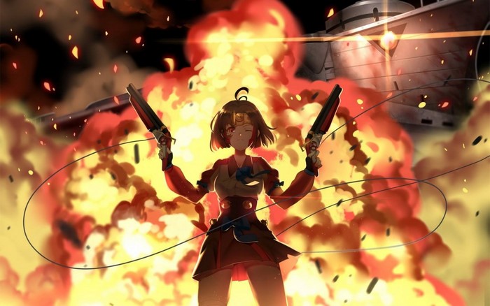 Mumei from Koutetsujou no Kabaneri with dual shotguns in explosion