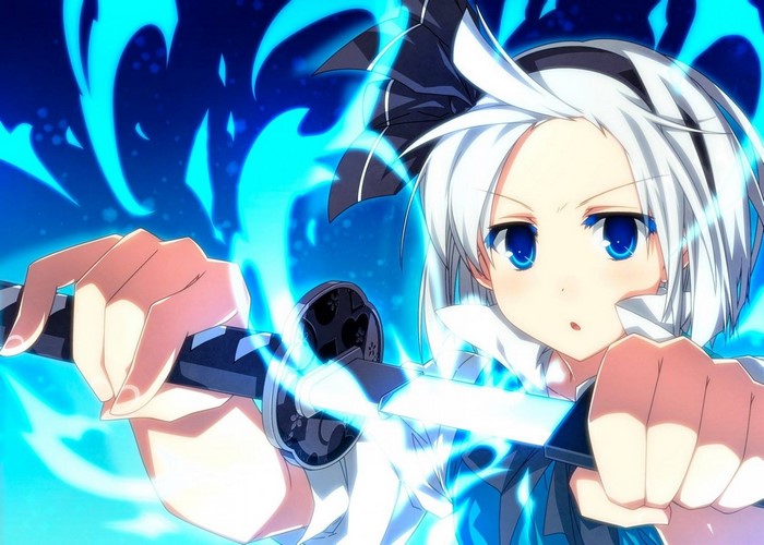Anime girl with white hair holding a sword
