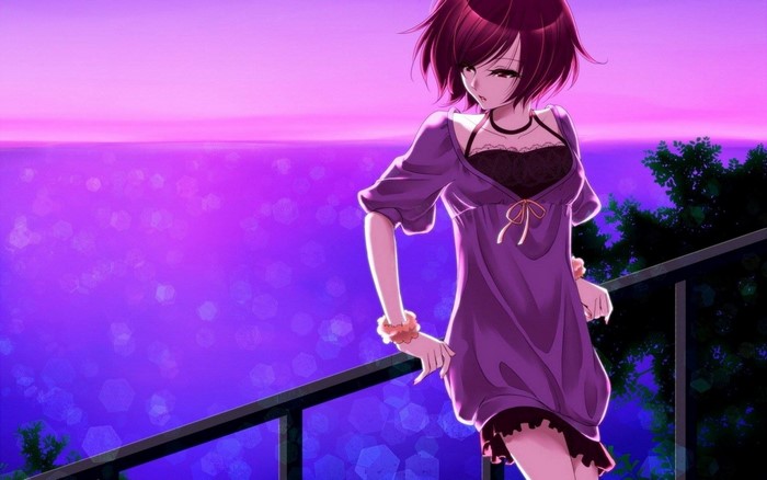 MEIKO from Vocaloid standing on a balcony