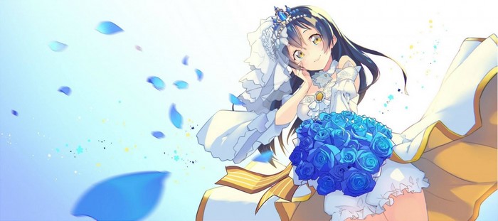 Sonoda Umi from Love Live in a wedding dress with blue roses