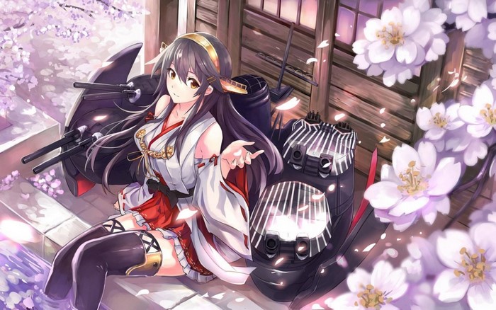 Kantai Collection anime girl with ship parts and cherry blossoms