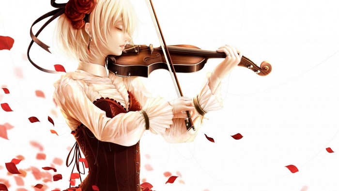 Anime girl playing violin with rose petals