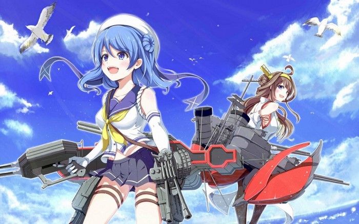 Two anime girls with ship parts in Kantai Collection