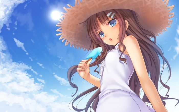 Anime girl with straw hat eating popsicle
