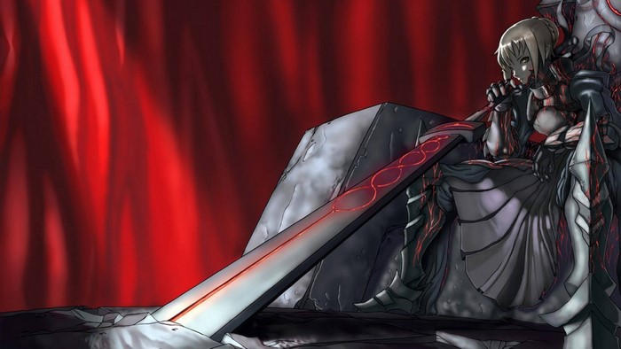 Saber Alter from Fate/Stay Night sitting on a throne