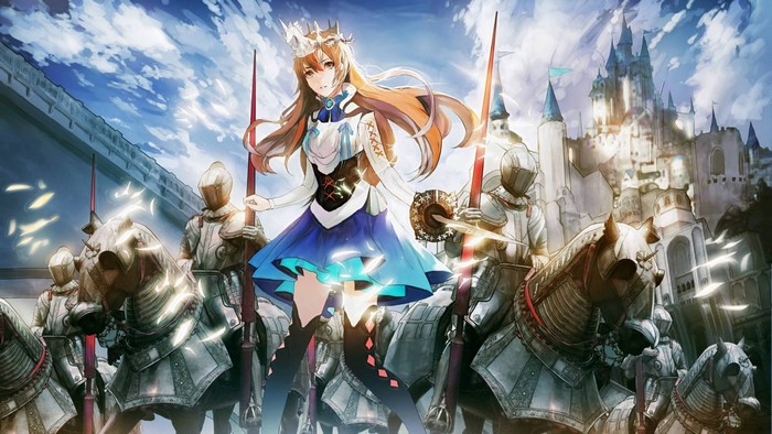 Anime girl with crown leading knights towards a castle