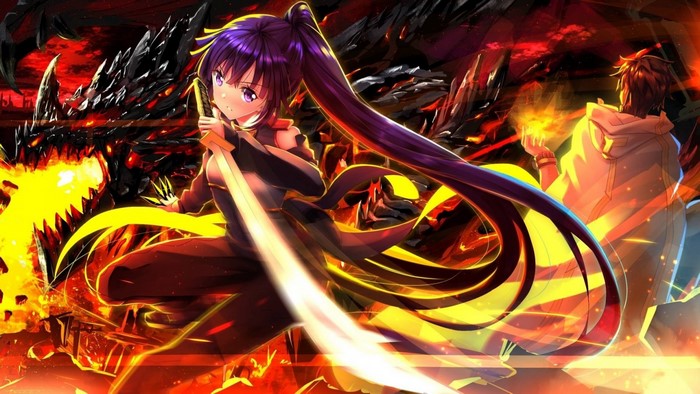 Anime characters fighting a dragon