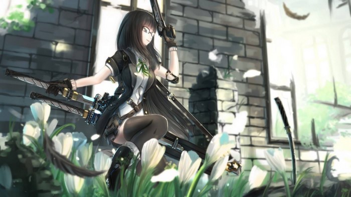 Anime girl with swords and gun in ruins