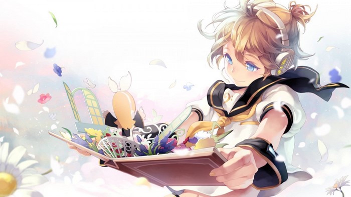 Anime girl with headphones holding a book of flowers