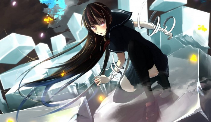 Anime girl with long dark hair in a dark uniform