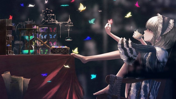 Anime girl with butterflies and potions
