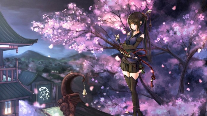Anime girl with sword under cherry blossom tree