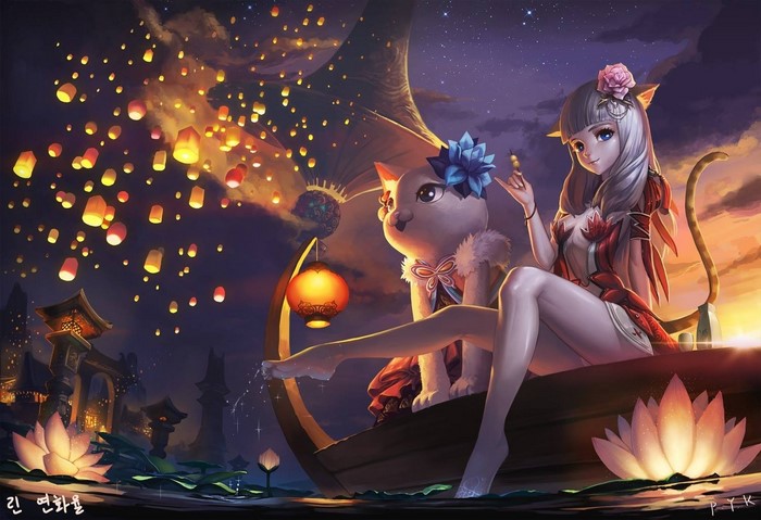 Girl and cat in boat with lanterns, Blade & Soul