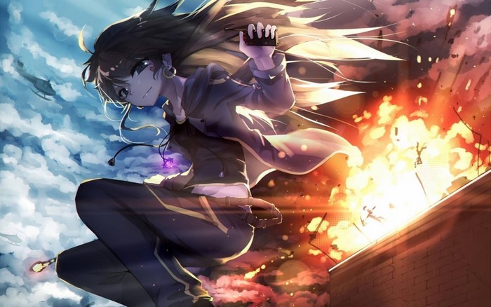 Anime girl with explosion and helicopter
