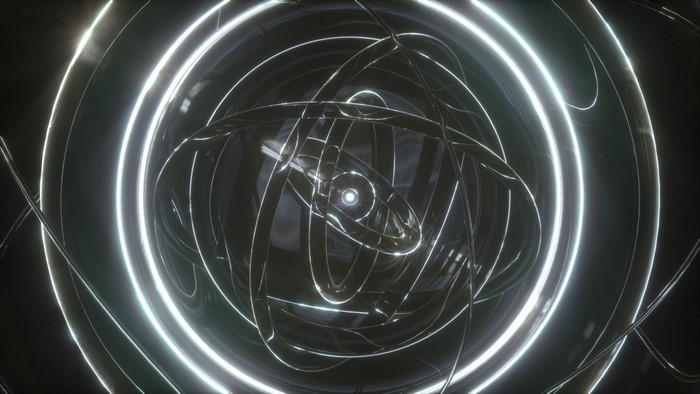 Abstract metallic orb with glowing concentric circles