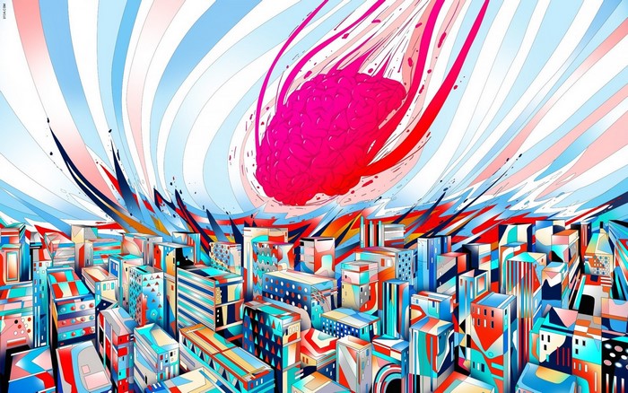 Abstract illustration of a brain falling on a colorful city