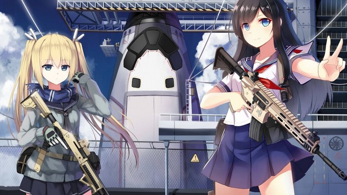 Anime girls with guns at a space launch site