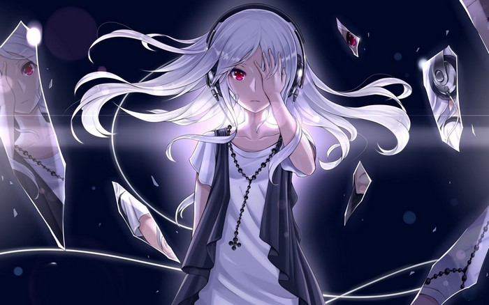 Anime girl with white hair and headphones
