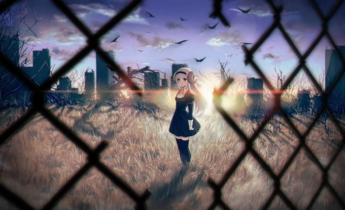 Anime girl with ram horns in a desolate field