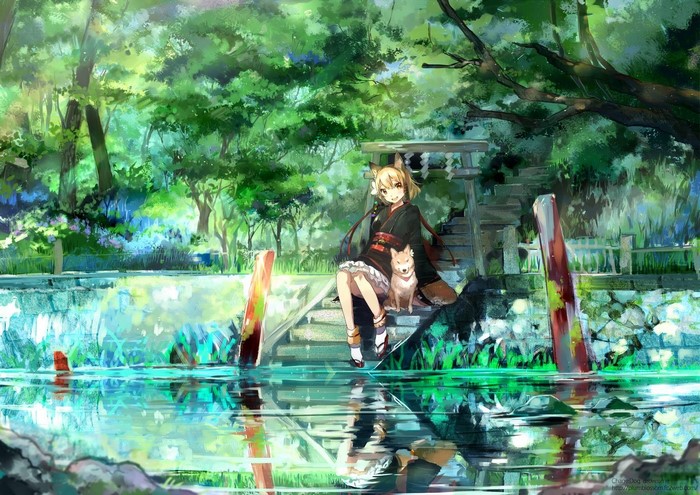Anime girl with fox ears and a dog by a pond