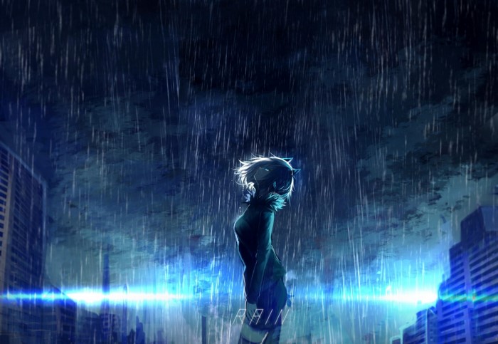 Anime girl with animal ears in the rain at night