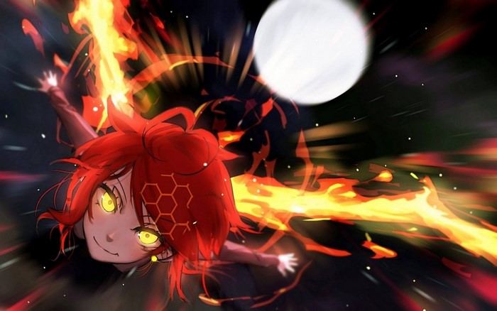 Anime girl with red hair and yellow eyes surrounded by fire