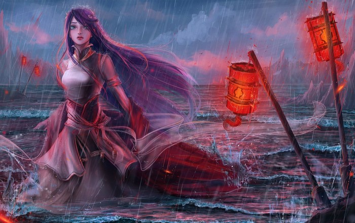 Fantasy girl in a red dress standing in the sea during a storm