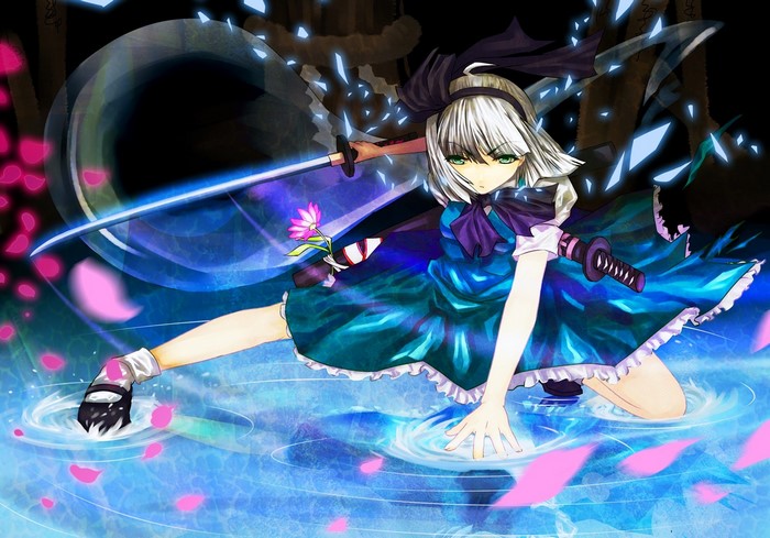 Anime girl with katana and pink petals