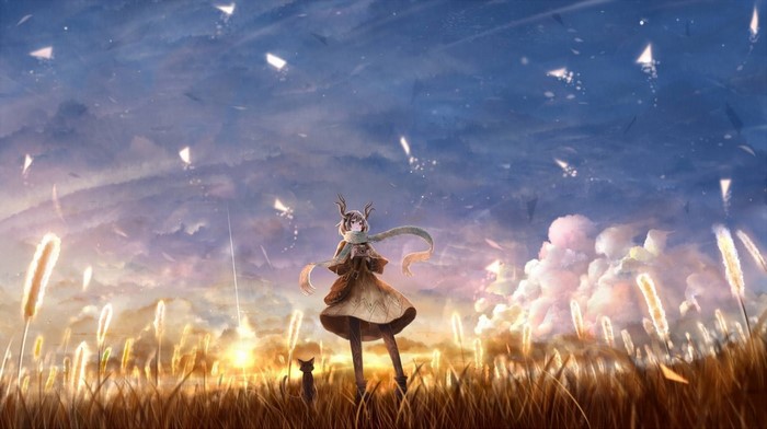 Anime girl with deer antlers and cat in a field at sunset