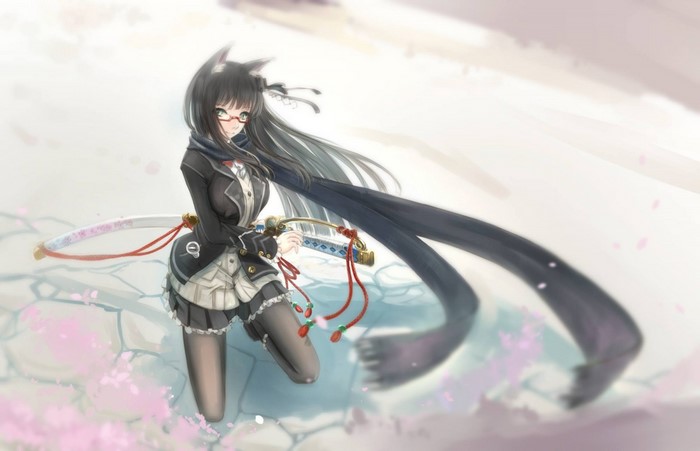Anime girl with cat ears and katana