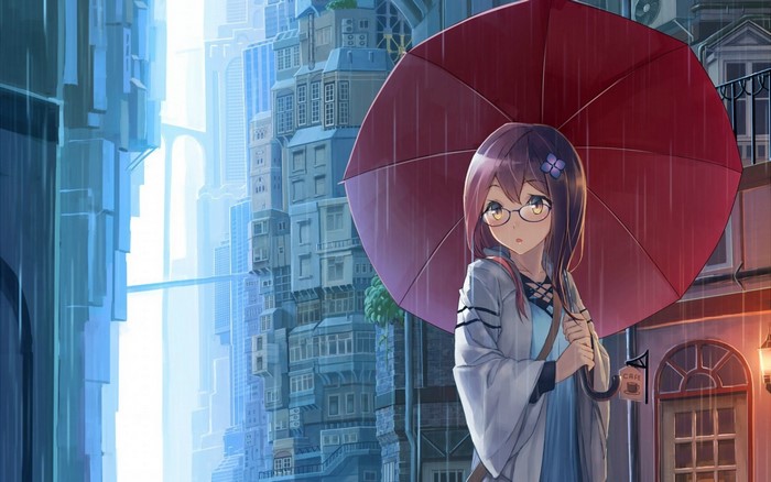 Anime girl with umbrella in rainy city