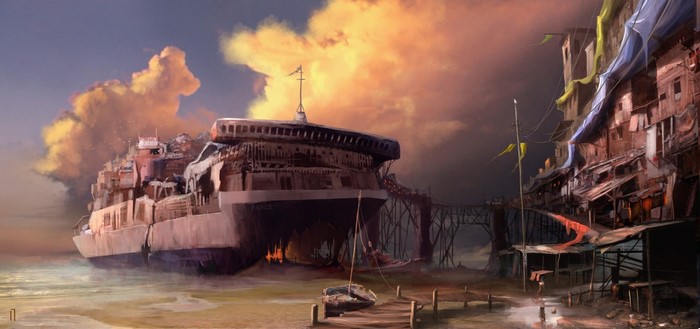 Apocalyptic ghost ship settlement with burning fires