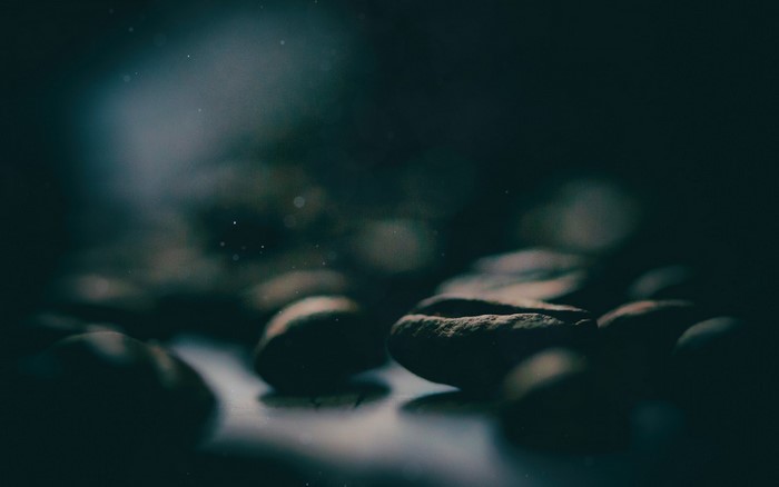 Close-up of coffee beans in darkness