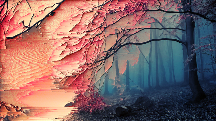 Glitch Art in a Misty Sakura Forest