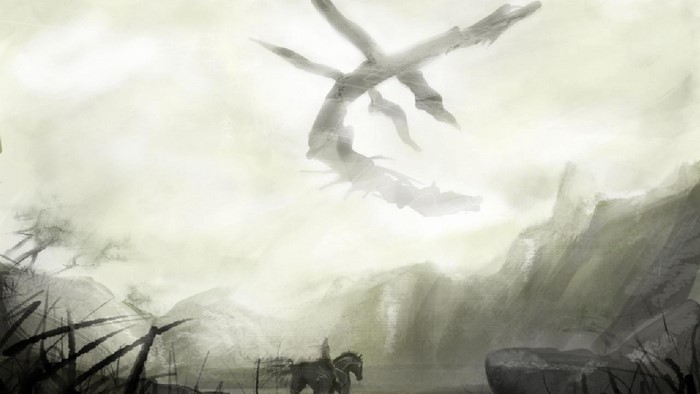 Wander and horse in misty landscape, Shadow of the Colossus