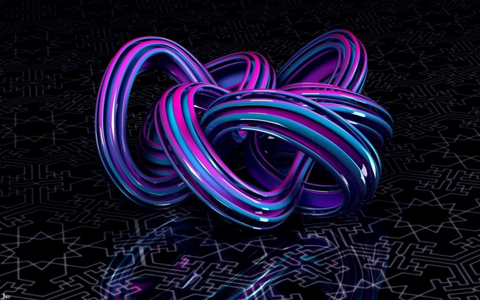 Abstract neon torus knot on a circuit board pattern