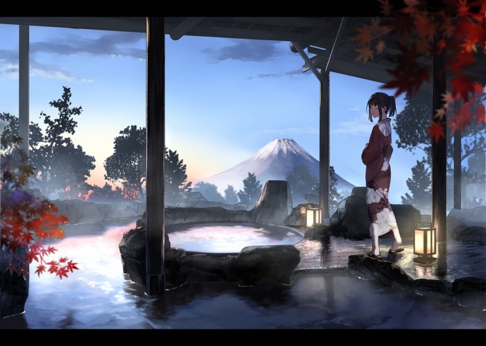 Anime girl in yukata at an outdoor onsen with Mt. Fuji