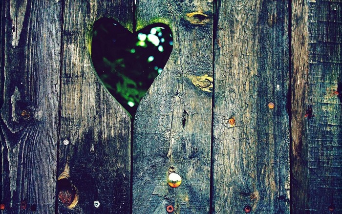 Heart-shaped hole in a weathered wooden fence
