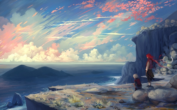Two figures on a cliff overlooking the sea at sunset